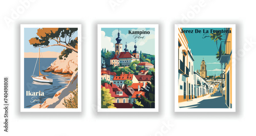 Ikaria, Greece. Jerez De La Frontera, Spain. Kampino, Poland - Vintage travel poster. Vector illustration. High quality prints