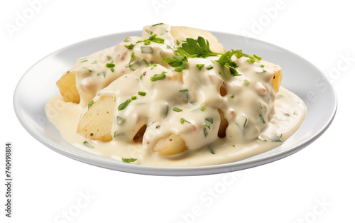 A white plate filled with piping hot roasted potatoes, generously covered in savory gravy, creating a delicious and satisfying meal. Isolated on a Transparent Background PNG.