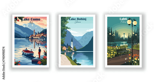 Lahti, Finland. Lake Bohinj, Slovenia. Lake Como, Italy - Vintage travel poster. Vector illustration. High quality prints photo