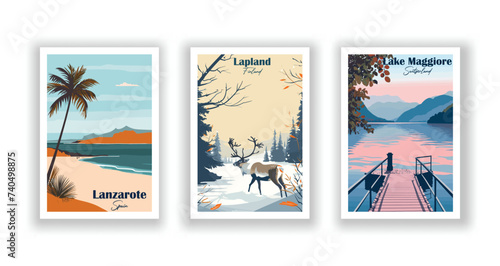 Lake Maggiore, Switzerland. Lanzarote, Spain. Lapland, Finland - Vintage travel poster. Vector illustration. High quality prints