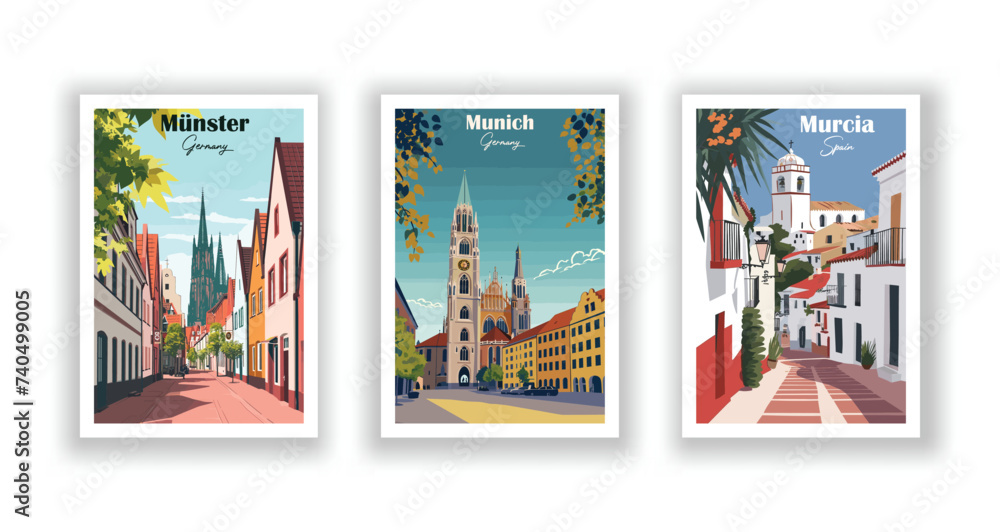 Fototapeta premium Munich, Germany. Münster, Germany. Murcia, Spain - Vintage travel poster. Vector illustration. High quality prints