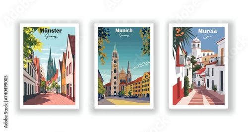 Munich, Germany. Münster, Germany. Murcia, Spain - Vintage travel poster. Vector illustration. High quality prints