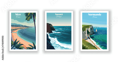 Nazaré, Portugal. Nice, France. Normandy, France - Vintage travel poster. Vector illustration. High quality prints