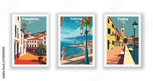 Padua, Italy. Palermo, Italy. Pamplona, Spain - Vintage travel poster. Vector illustration. High quality prints