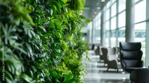 A tranquil oasis in the midst of a bustling airport with soft natural lighting earthy tones and living walls of greenery providing a peaceful respite for travelers to recharge