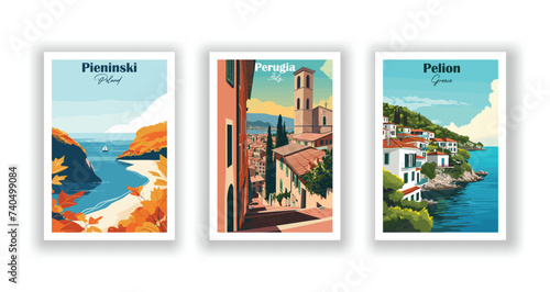 Pelion, Greece. Perugia, Italy. Pieninski, Poland - Vintage travel poster. Vector illustration. High quality prints