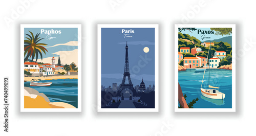 Paphos, Cyprus. Paris, France. Paxos, Greece - Vintage travel poster. Vector illustration. High quality prints