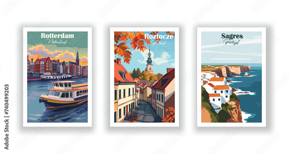 Rotterdam, netherlands. Roztocze, Poland. Sagres, Portugal - Vintage travel poster. Vector illustration. High quality prints