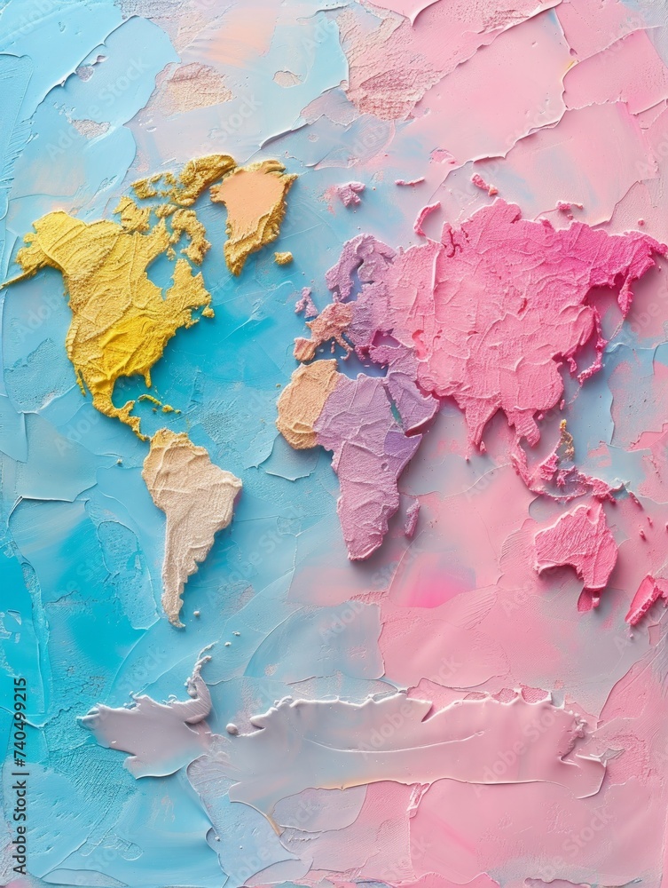 A vibrant and textured painting featuring a world map in pastel colors, perfect for modern interiors - obrazy, fototapety, plakaty 