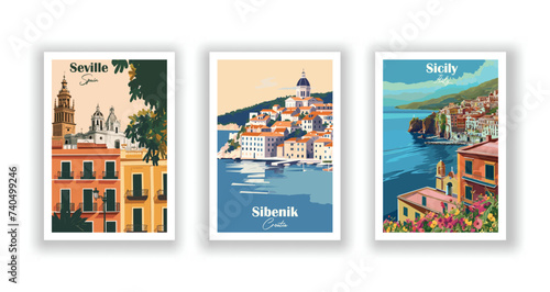 Seville, Spain. Sibenik, Croatia. Sicily, Italy - Vintage travel poster. Vector illustration. High quality prints