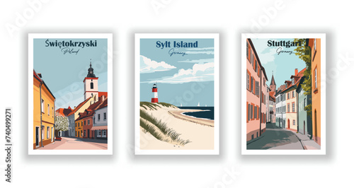 Stuttgart, Germany. Świętokrzyski, Poland. Sylt Island, Germany - Vintage travel poster. Vector illustration. High quality prints
