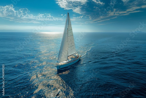 sailing boat with group of people on calm ocean on sunny day with clear blue sky photo