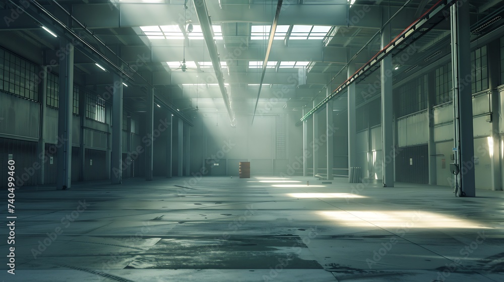 The interior of a big industrial building or factory with steel constructions : Generative AI