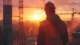 Construction worker on construction site, sunset background