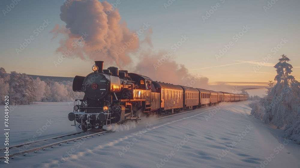 Obraz premium black steam locomotive in the snowy landscape forest mountains of Harz Germany in winter