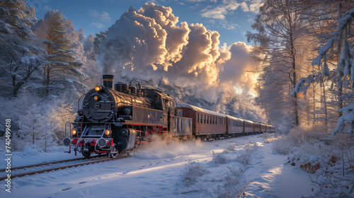 black steam locomotive in the snowy landscape forest mountains of Harz Germany in winter on a sunny day