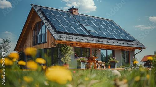 Newly build houses with solar panels attached on the roof against a sunny sky Close up of new building with black solar panels during spring