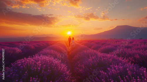 a couple walking in a lavender field at sunset, a man and woman on vacation in France Provence Valensole during summer vacation