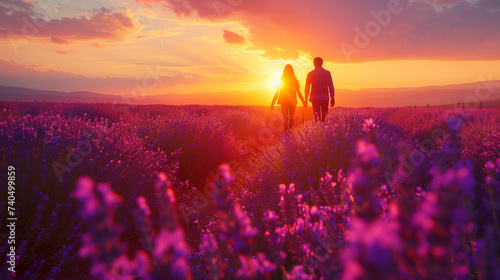 a couple walking in a lavender field at sunset photo