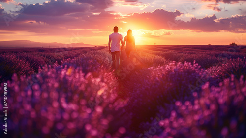 a couple with hands together walking in a lavender field at sunset, a man and woman on vacation in France Provence Valensole during summer vacation in Europe 