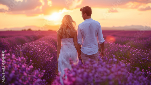 a couple walking in a lavender field at sunset, a man and woman in white dress on vacation in France Provence Valensole during summer vacation in Europe 