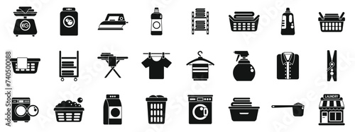 Laundry shop icons set simple vector. Cloth iron basket. Business clean machine