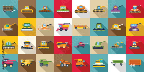 Combine harvester icons set flat vector. Farm agriculture. Summer rural machinery