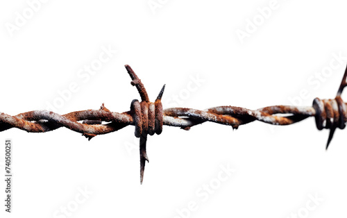 This close up photo captures the weathered and deteriorated appearance of a barbed wire fence. Isolated on a Transparent Background PNG.
