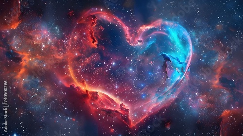 Heart-shaped nebula in deep space, with vibrant hues and sparkling stars, symbolizing infinite love and mystery.