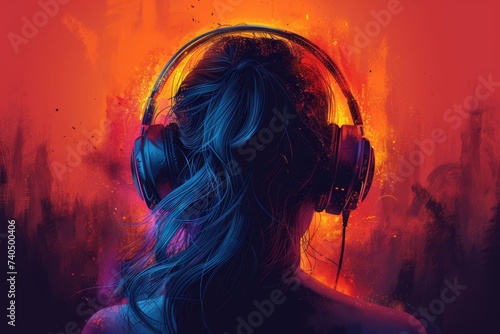 Woman with headphones. Portrait of a young woman with long black hair in a ponytail with headphones on her head on orange background.