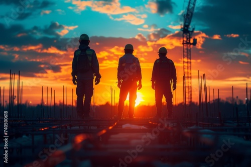 silhouette engineer looking Loaders and trucks in a building site over Blurred construction worker on construction site.