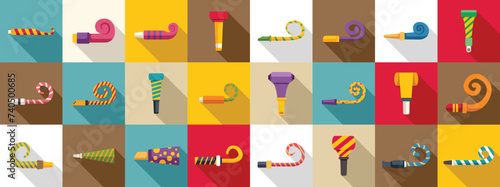 Party blower icons set flat vector. Whistle horn happy. Celebration carnival