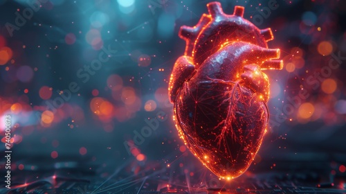Low poly heart interconnected with futuristic cardiac support wires set against a backdrop of digital heartbeats in a neon lit lab