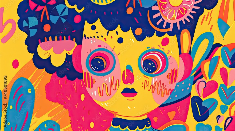 Obraz premium kawaii factory, charming character illustration, expressive mark-making technique, folk-art inspired drawing, minimalist, flat color, limited color palette