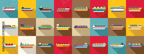 Gas carrier ship icons set flat vector. Energy terminal port. Marine boat industry