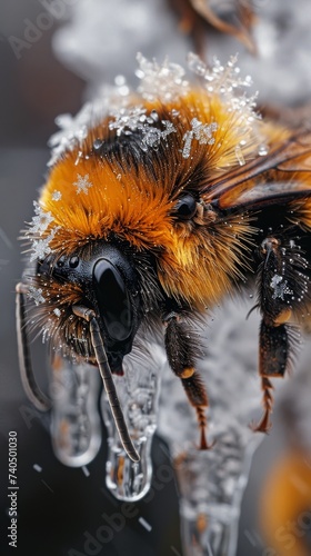 Icicle tear from a bumblebee where frozen inside is a miniature winter wonderland bees buzzing around snowflakes © AlexCaelus