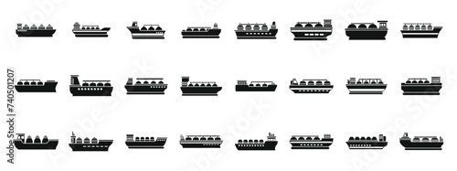 Gas carrier ship icons set simple vector. Energy terminal port. Marine boat industry
