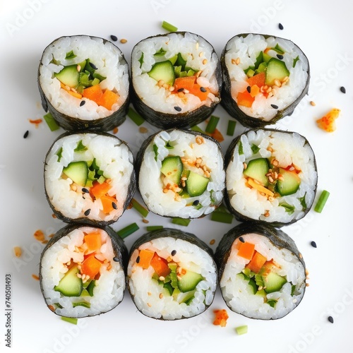 Japanese sushi rolls on a white background.