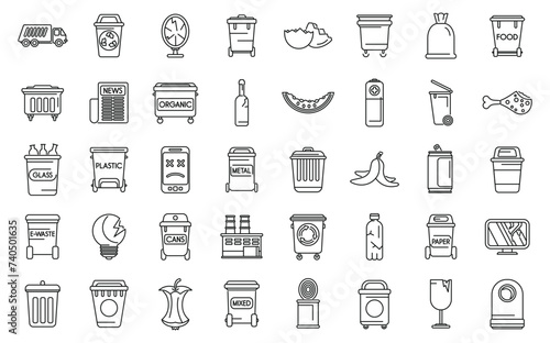 Waste sorting icons set outline vector. Garbage sort ecology. Energy recycle bin photo