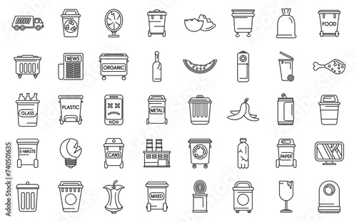 Waste sorting icons set outline vector. Garbage sort ecology. Energy recycle bin