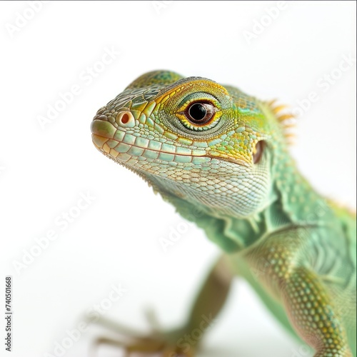 Head shot of a veiled chameleon  Chamaeleo calyptratus  isolated on white