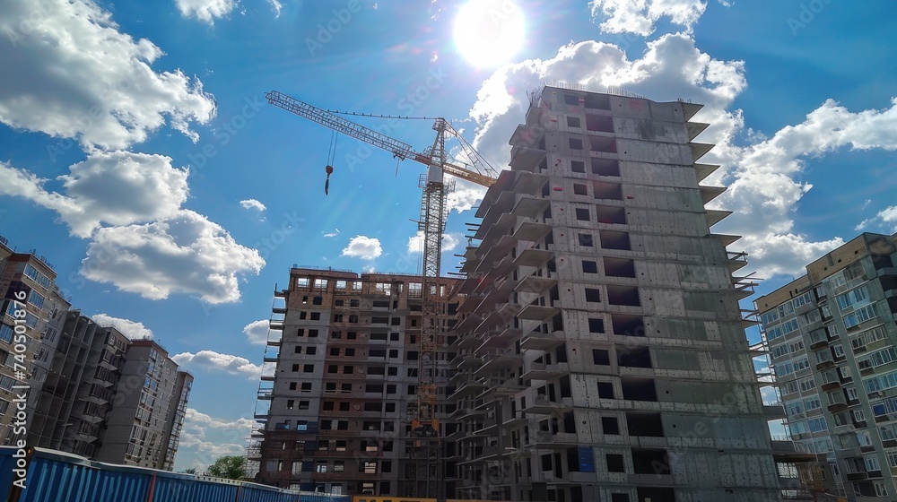 Construction site, building under construction and crane next to it with sun shining and sky in background