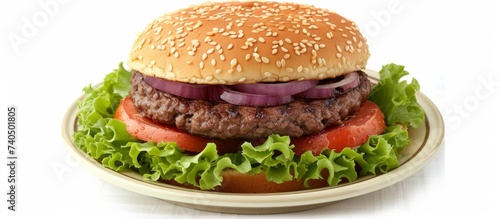Delicious hamburger with lettuce and cheese on a white plate ready to eat
