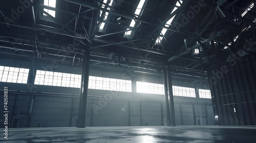 Empty industrial building. Hangar with high ceiling. Business premises. Factory building view from inside. Industrial building with metal walls. Factory hangar. Empty warehouse. 3d ima : Generative AI