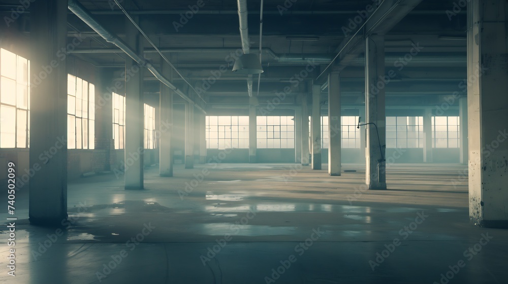 Empty industrial building with concrete floors, precast concrete rib beams, metal sliding doors : Generative AI Empty industrial building with concrete floors, precast concrete rib beams, metal sliding doors : Generative AI