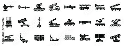 Anti aircraft missile system icons set simple vector. Artillery gun. Mortar vehicle war