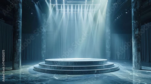 Spotlight on an empty stage with dramatic lighting and grand curtains.