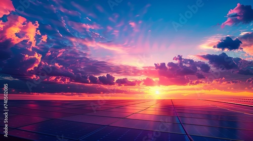 A panoramic shot of a solar farm at sunset, with rows of solar panels stretching towards the horizon photo