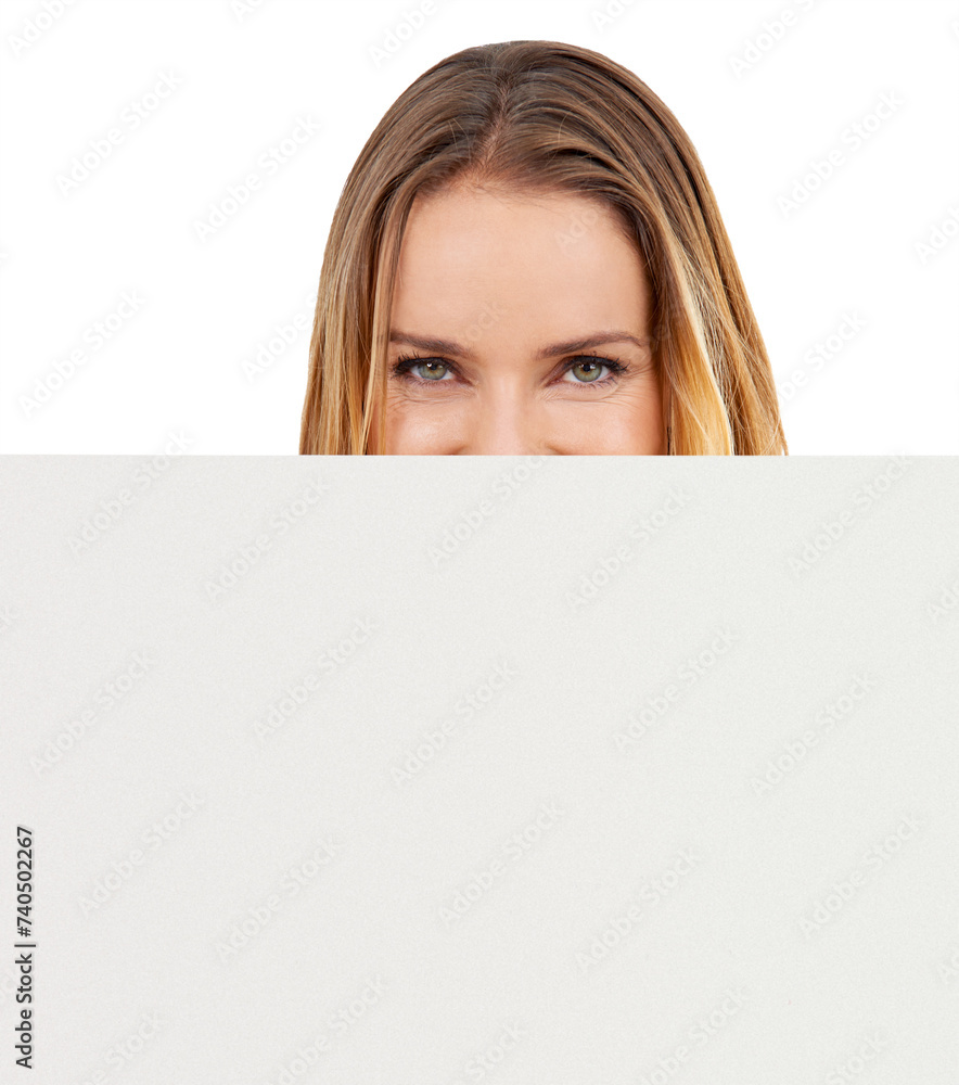 Woman, portrait and poster mockup in studio or announcement sign, information or promotion. Female person, white background and hide face or opportunity offer or placard, presentation or billboard Woman, portrait and poster mockup in studio or announcement sign, information or promotion. Female person, white background and hide face or opportunity offer or placard, presentation or billboard
