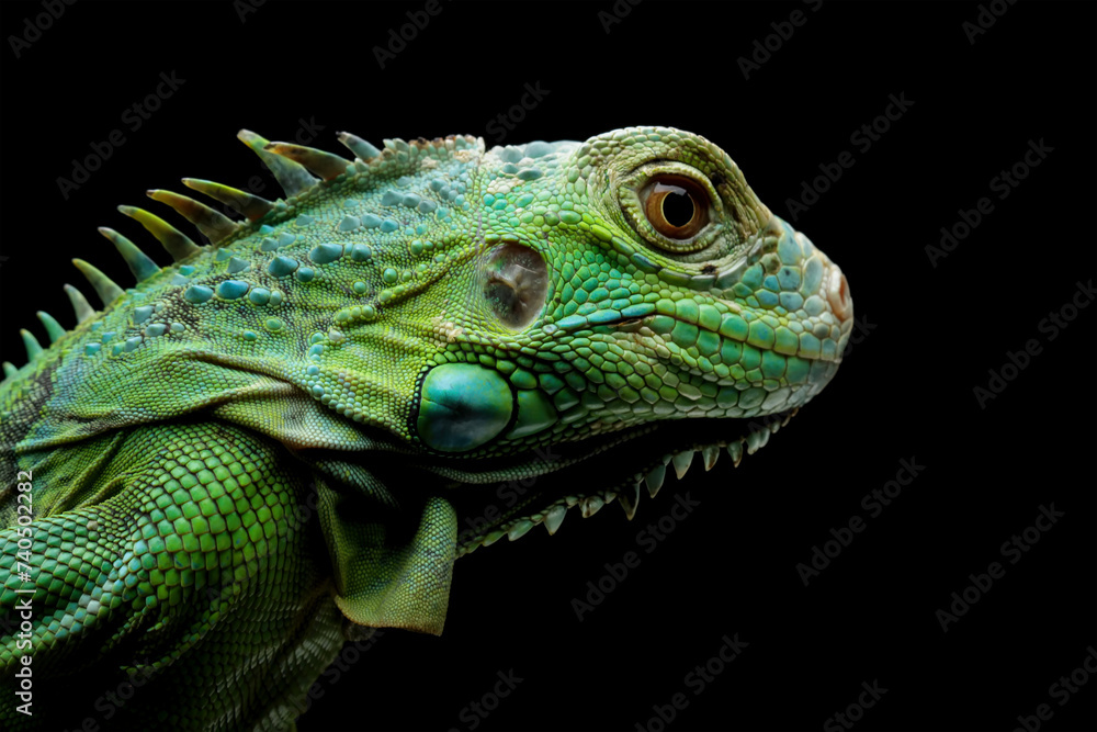 Green iguana on branch with black background, animal closeup Green iguana on branch with black background, animal closeup